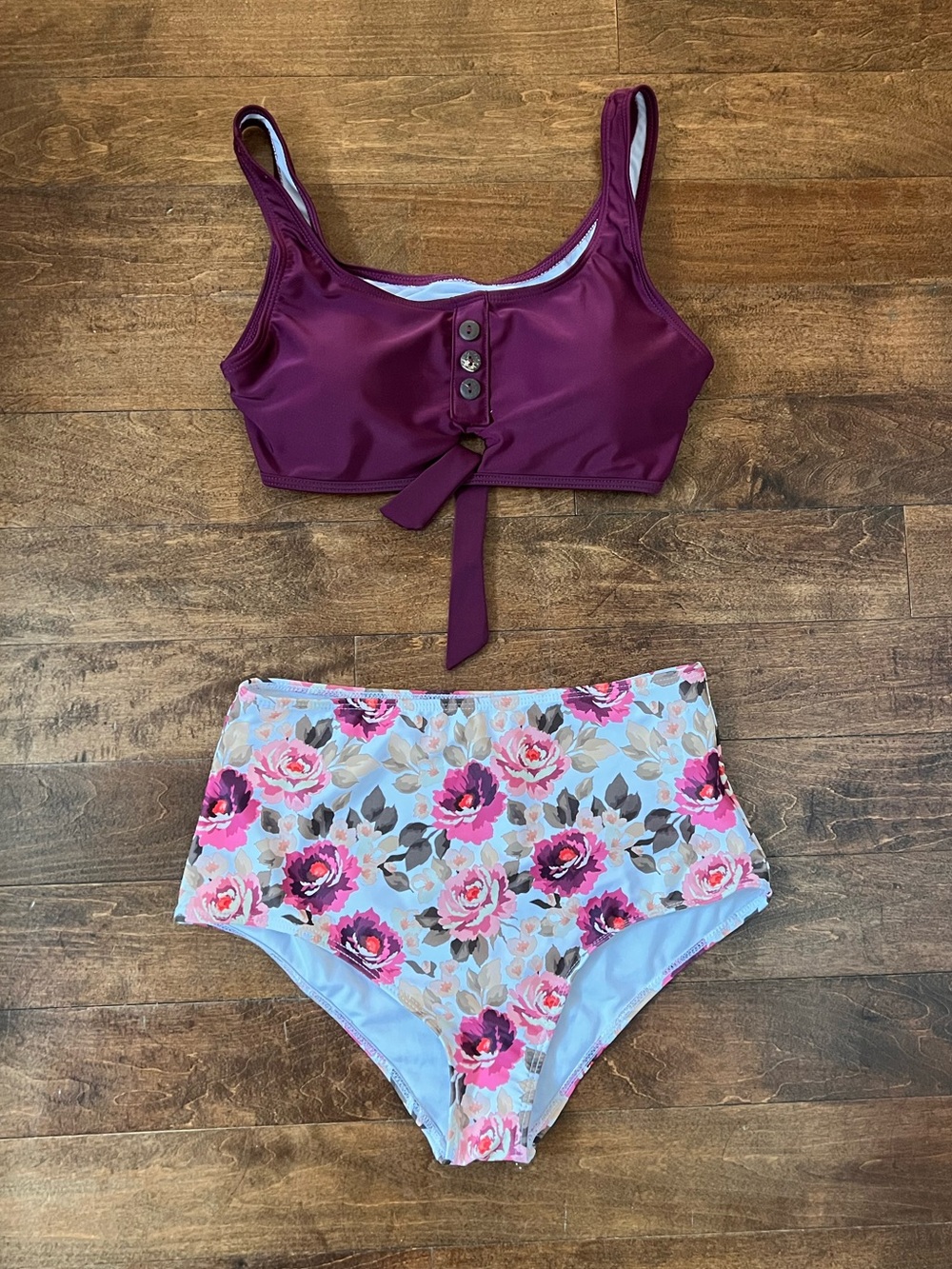 Women’s Two-Piece High-Waist Floral Swim Set - Burgundy Top & Floral Bottom